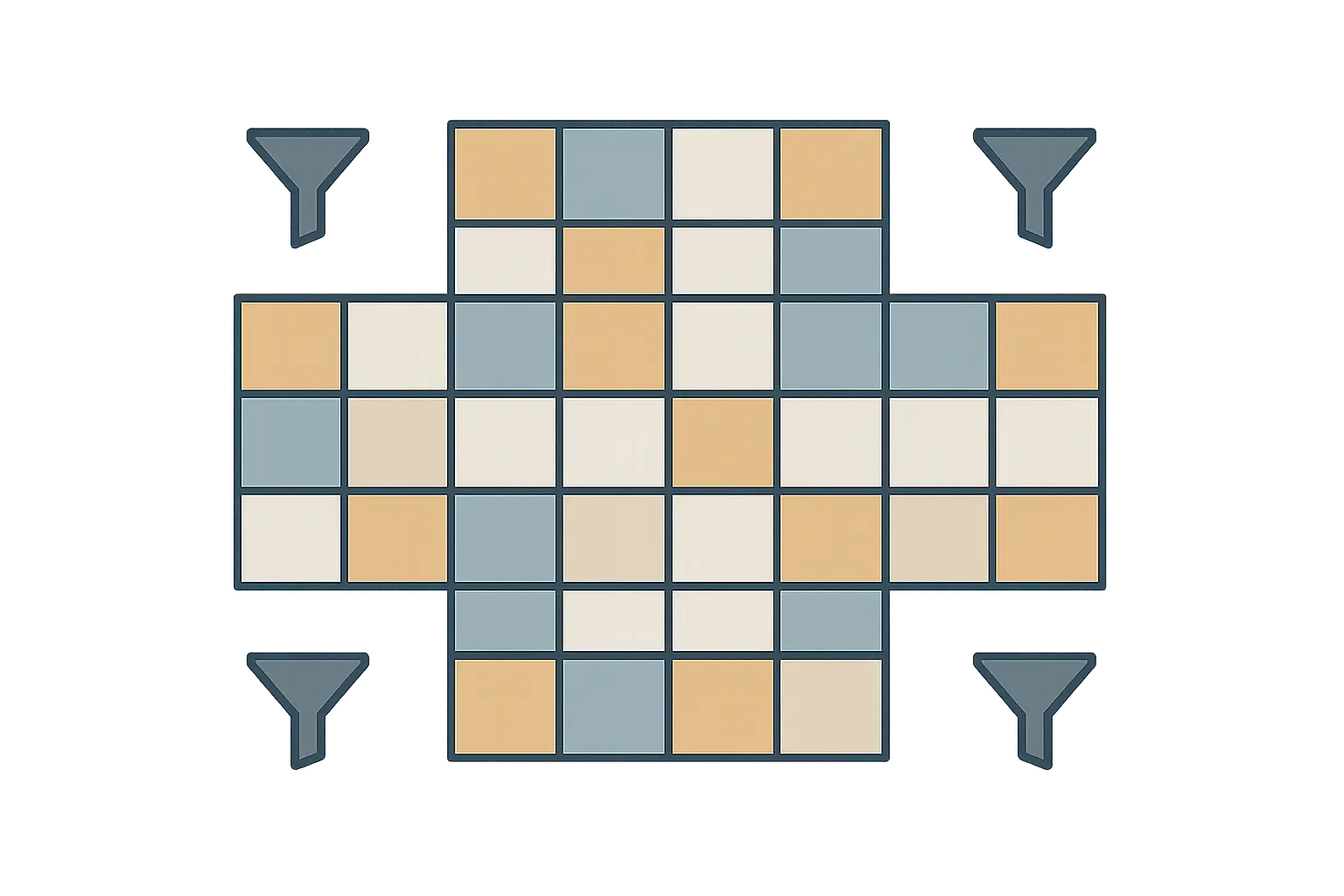 Matriz de tablas cruzadas con iconos de filtro que representa el uso de tablas dinámicas para cruzar variables de la encuesta