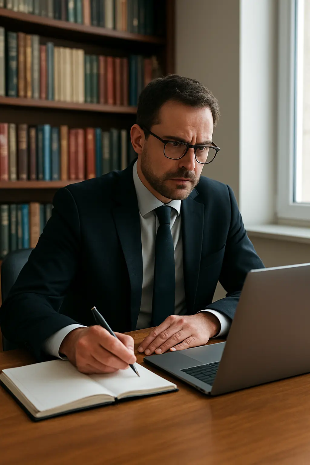 Profesional de unos 40 años trabajando en su oficina con libros de investigación académica al fondo