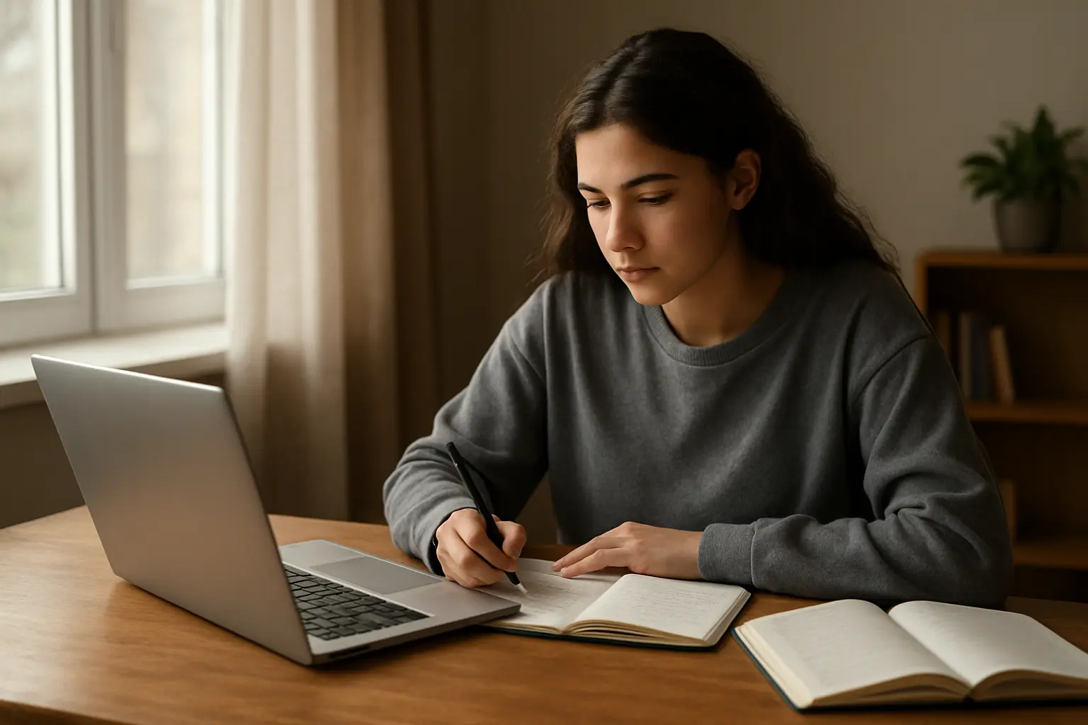 Estudiante universitario siguiendo clases a distancia desde su escritorio