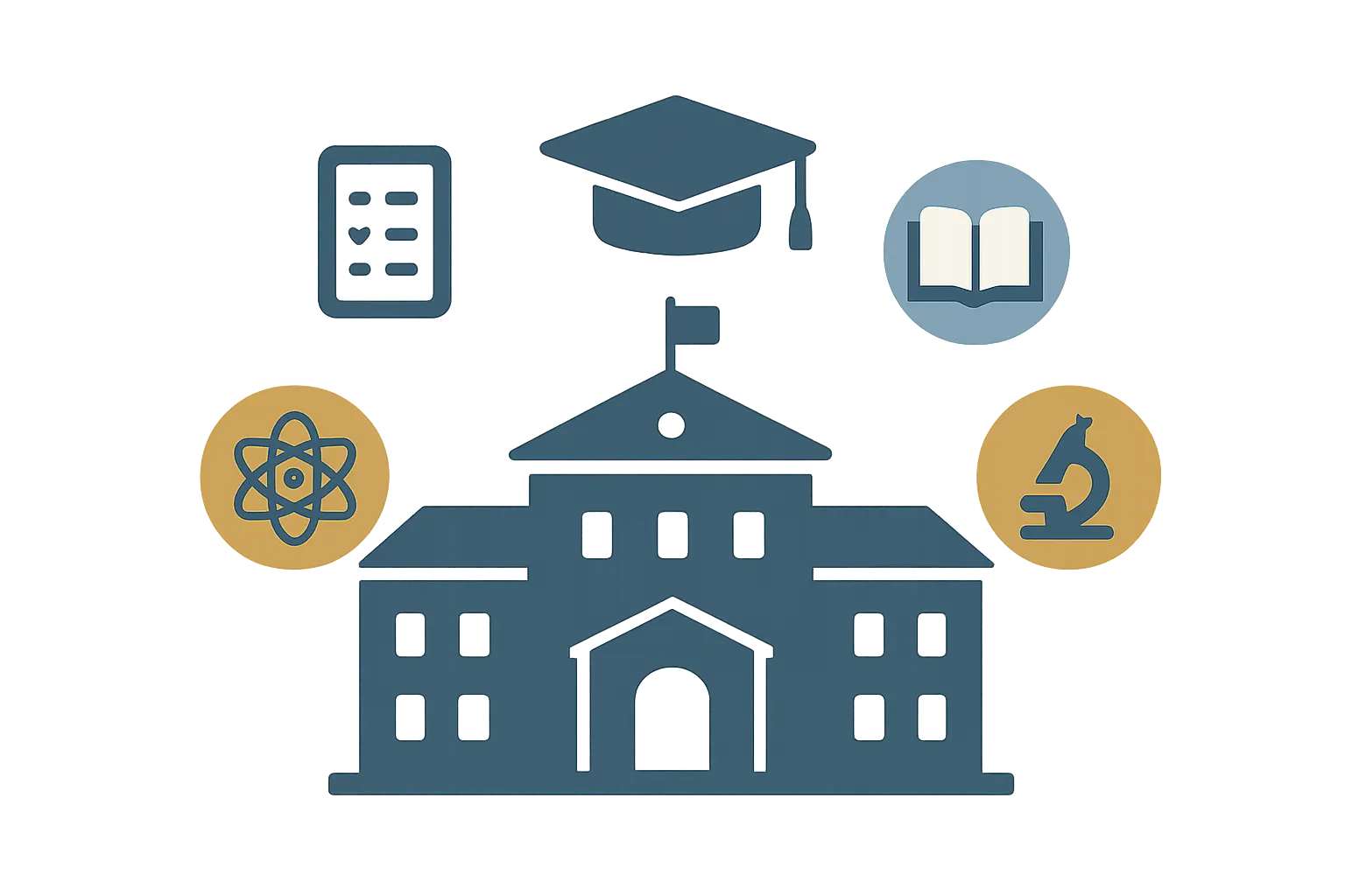 Ilustración de un edificio universitario con distintivos que representan cómo varía la normativa entre universidades y grados