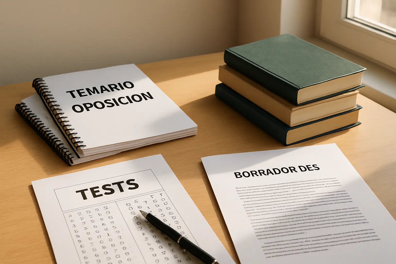 Escritorio dividido entre el temario de oposición y los materiales de investigación de la tesis doctoral