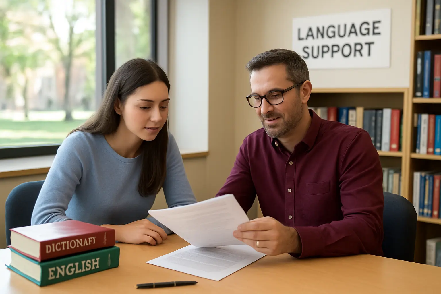 Servicio de apoyo lingüístico universitario revisando un texto académico con diccionarios normativos de referencia
