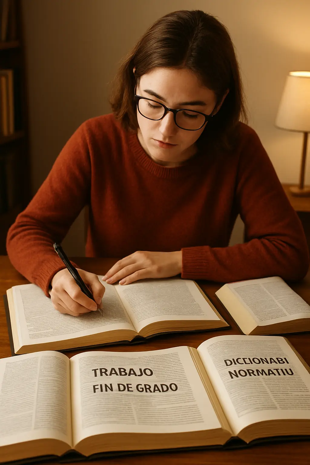 Estudiante redactando su TFG con diccionarios normativos de catalán, euskera y gallego sobre el escritorio