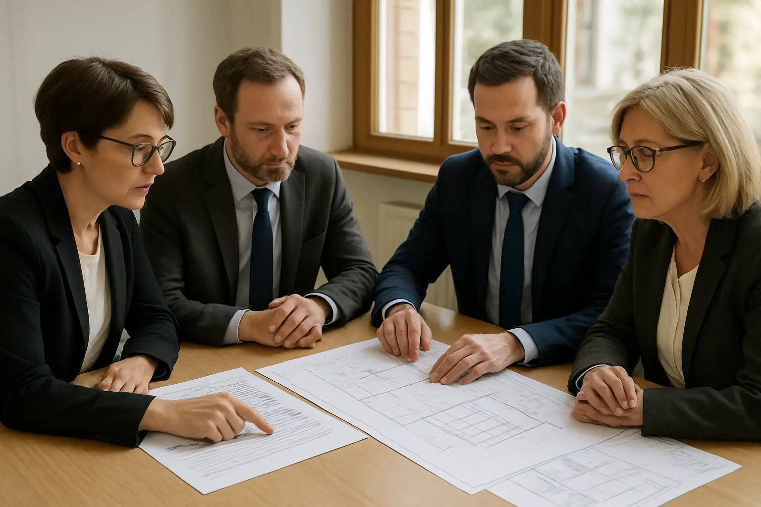Tribunal evaluando un proyecto técnico de TFM de máster habilitante con documentación normativa