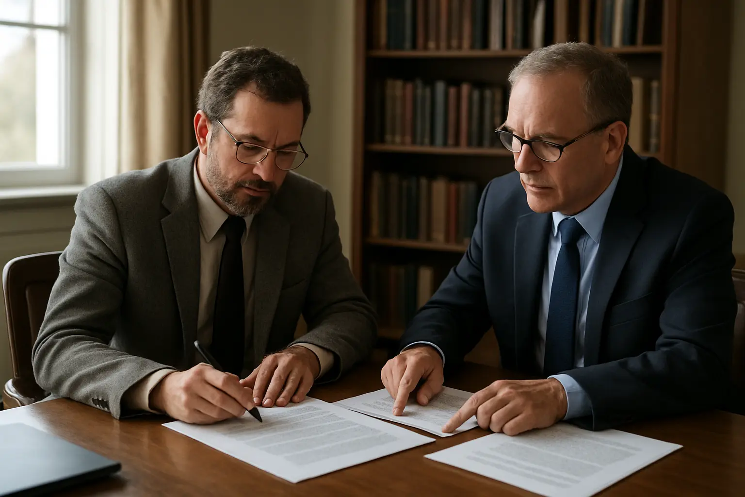 Doctorando de mediana edad reunido con su director de tesis revisando documentos en un despacho universitario
