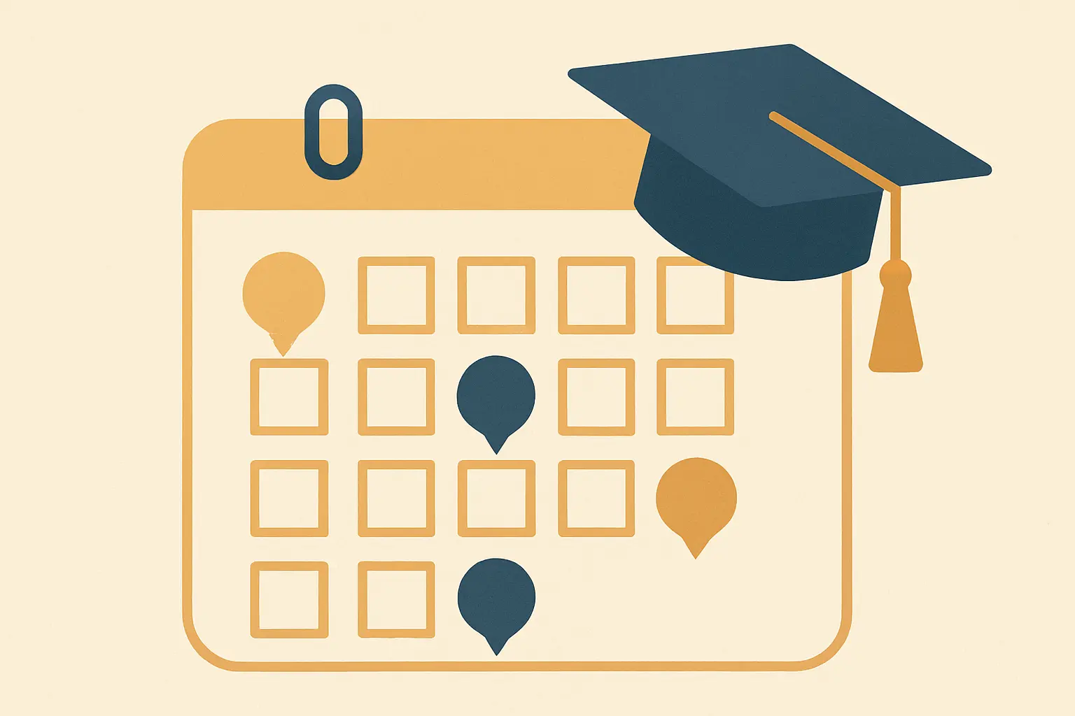 Ilustración de un calendario académico con hitos de avance, representando los requisitos de seguimiento de una beca de posgrado