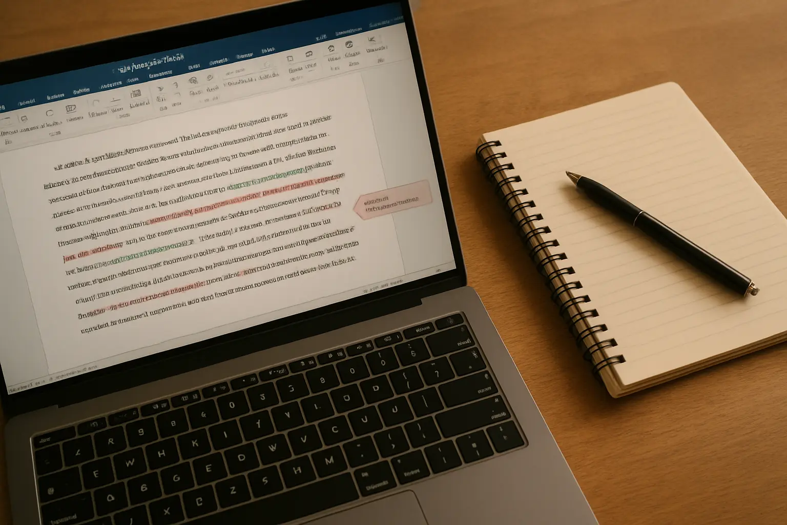 Documento de Word mostrando marcas de control de cambios y un comentario en el margen durante la revisión del tutor
