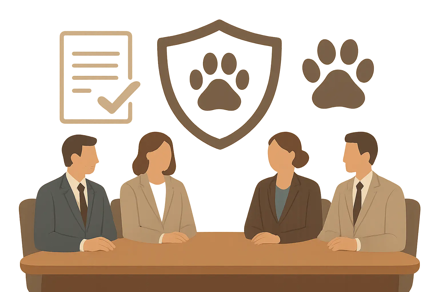 Ilustración editorial de un comité de ética con un escudo que simboliza el bienestar animal