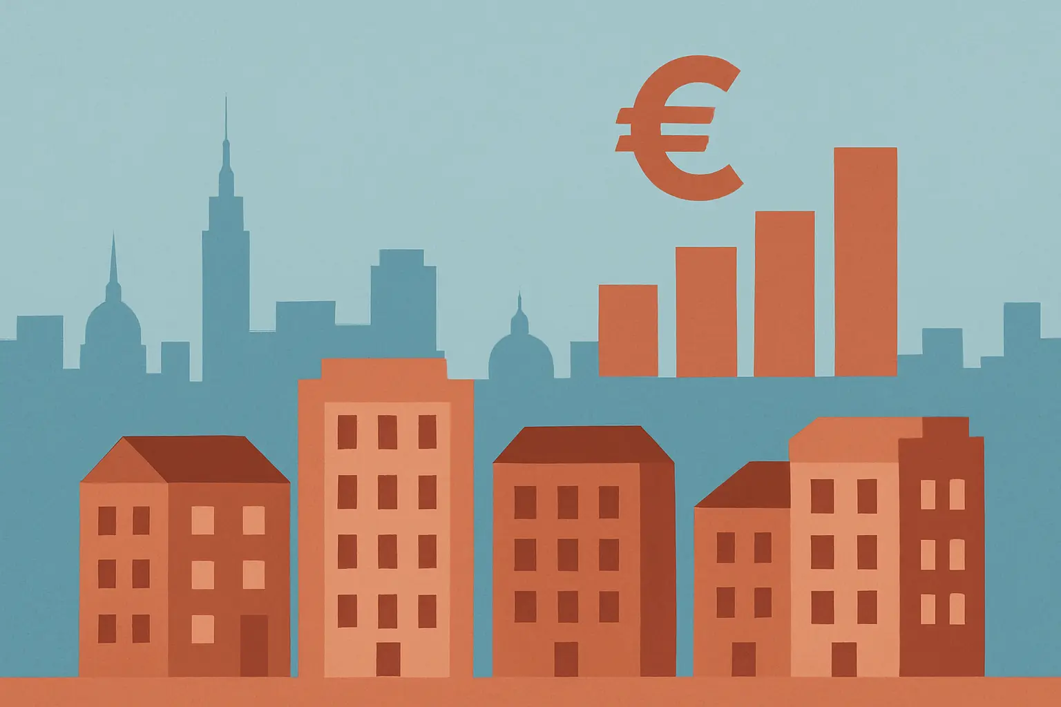 Skyline urbano español con edificios de pisos, ilustrando el coste del alojamiento estudiantil en España