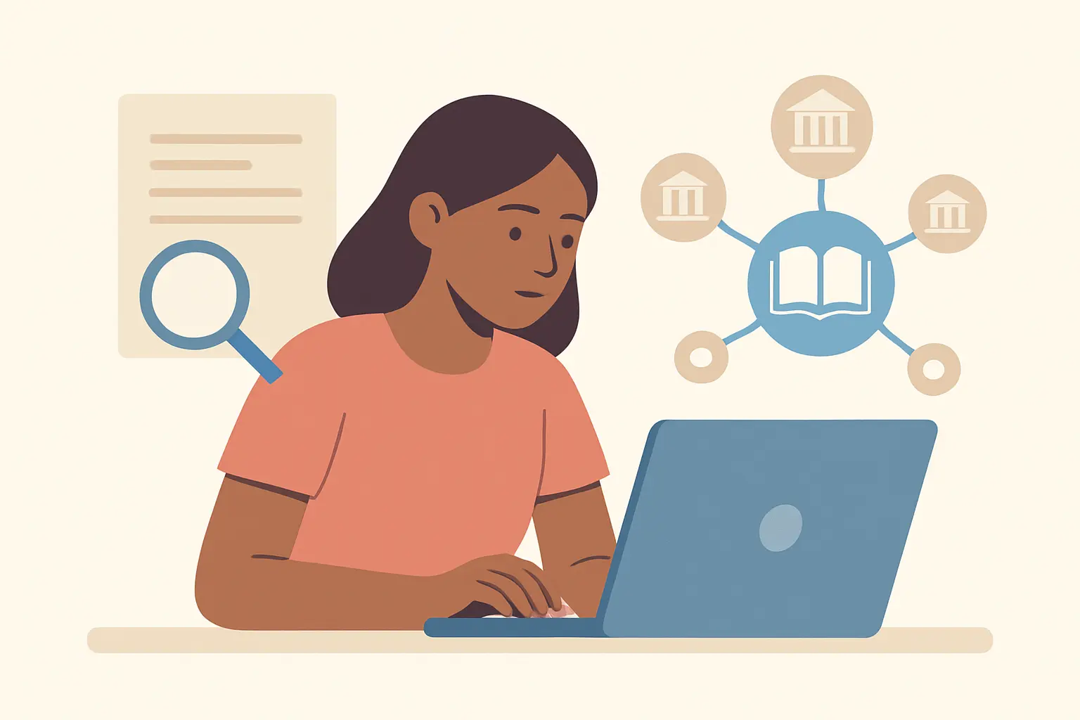 Estudiante latinoamericano buscando antecedentes de tesis en un repositorio digital desde su laptop