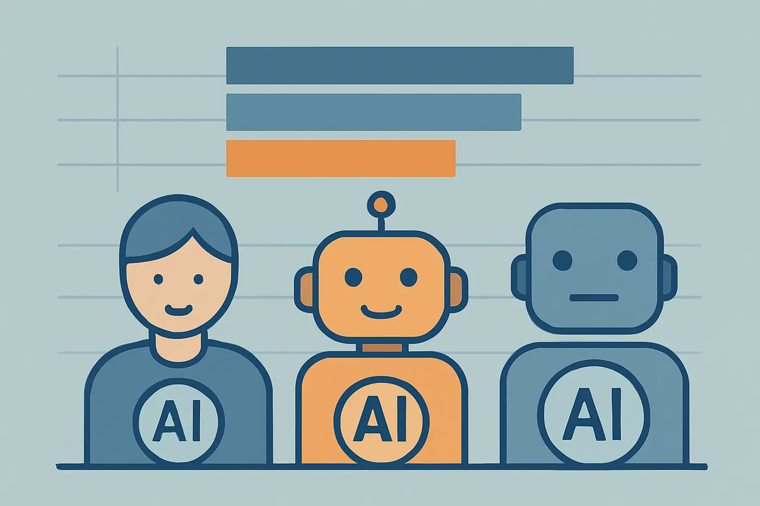 Ilustración comparativa de tres asistentes de inteligencia artificial representados como iconos abstractos junto a un gráfico comparativo