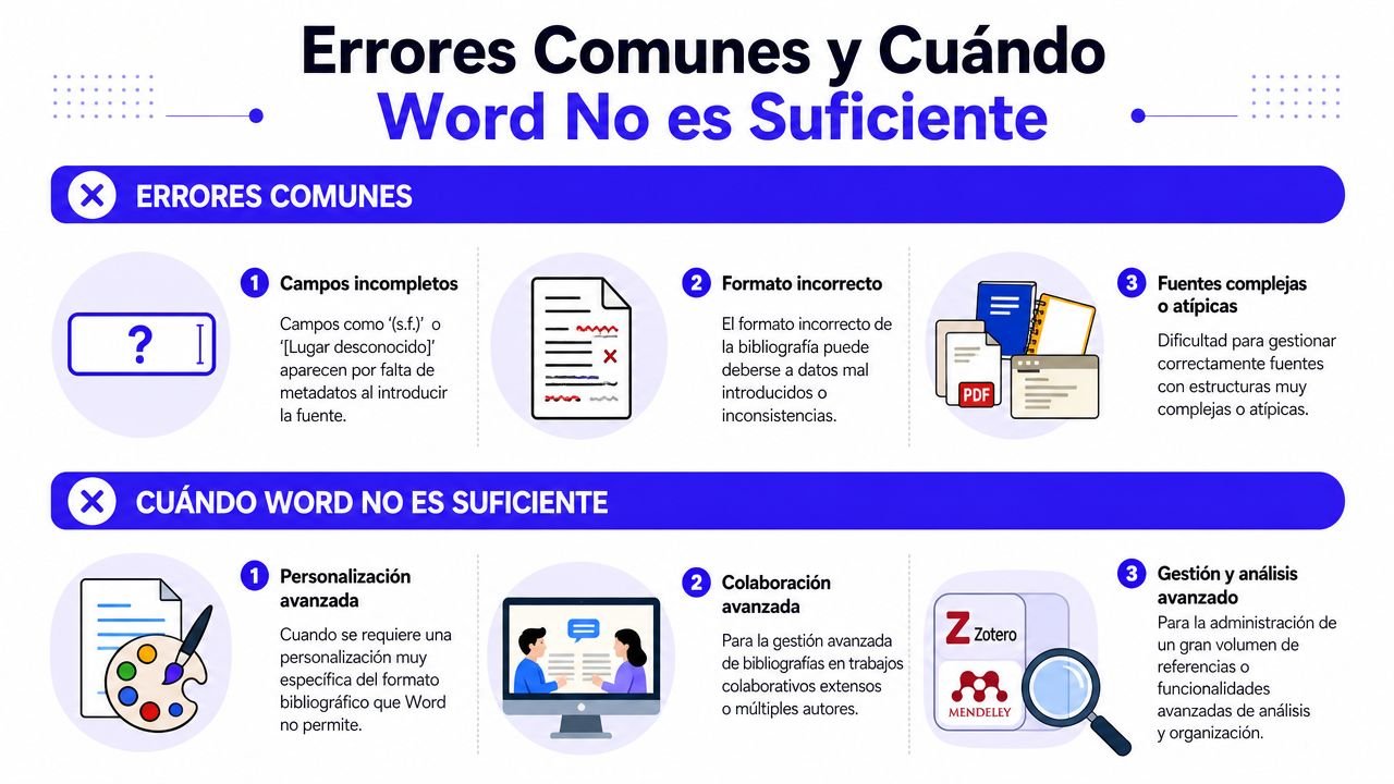Infografía sobre errores comunes al usar Word y situaciones donde se requiere gestores bibliográficos especializados.