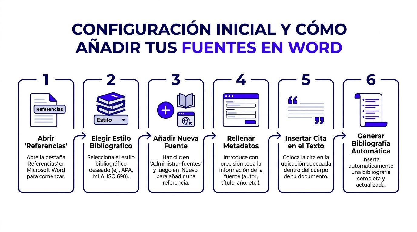 Infografía con seis pasos sencillos para configurar y añadir fuentes bibliográficas automáticamente en Microsoft Word.