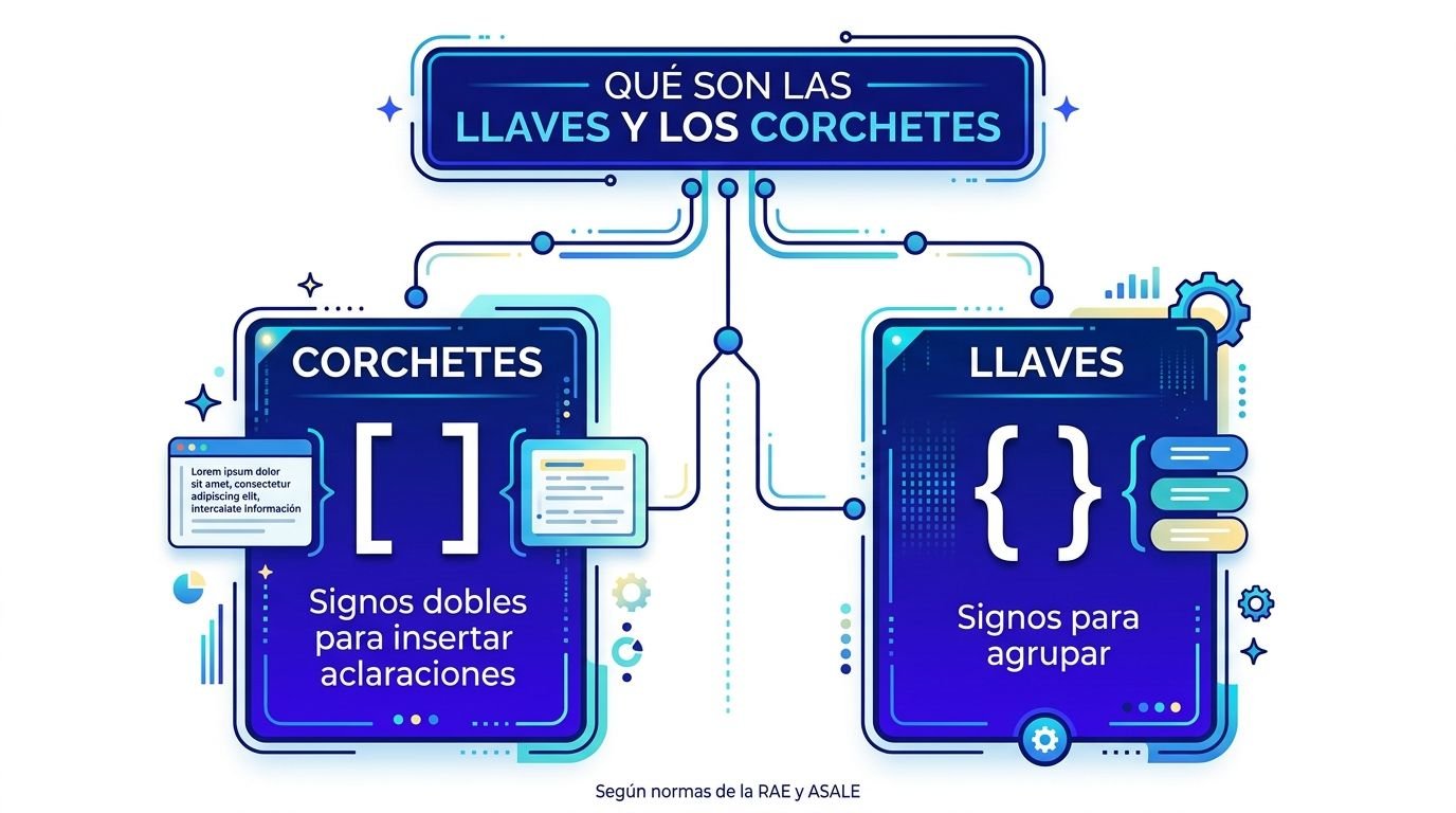 Infografía técnica que explica el uso correcto de los signos de puntuación llaves y corchetes en español.
