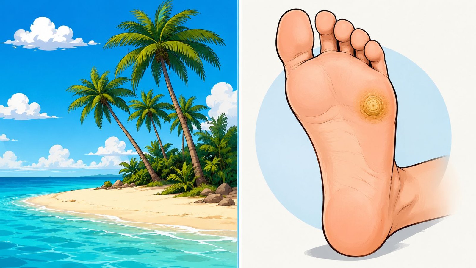 Una ilustración dividida que muestra una playa tropical y un pie humano con un callo plantar.