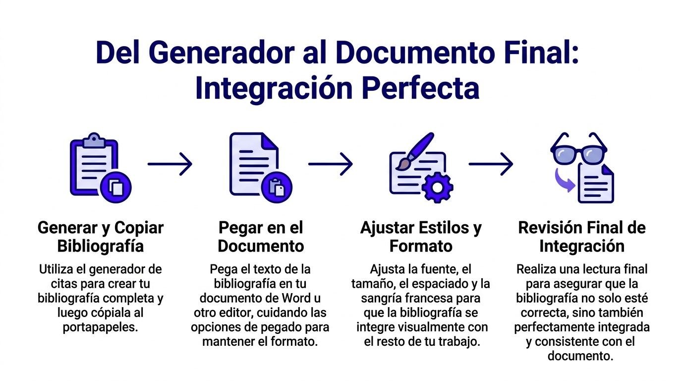 Infografía que muestra los cuatro pasos para integrar una bibliografía generada en un documento de texto final.