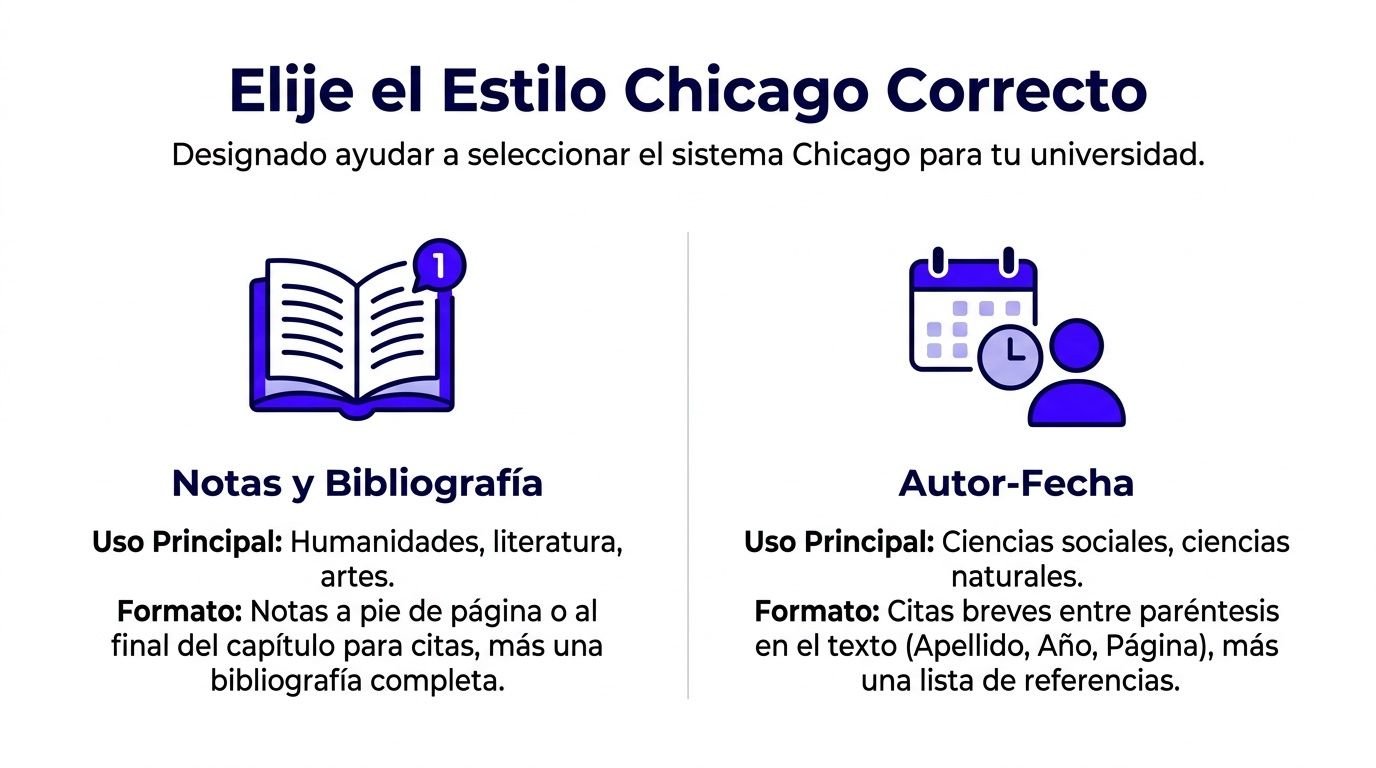 Infografía que compara los estilos Chicago Notas y Bibliografía con Autor-Fecha para elegir el formato correcto.