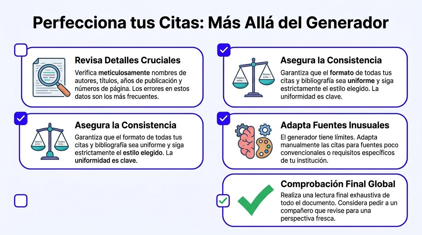 Infografía sobre cómo perfeccionar citas académicas más allá del uso de herramientas generadoras automáticas.