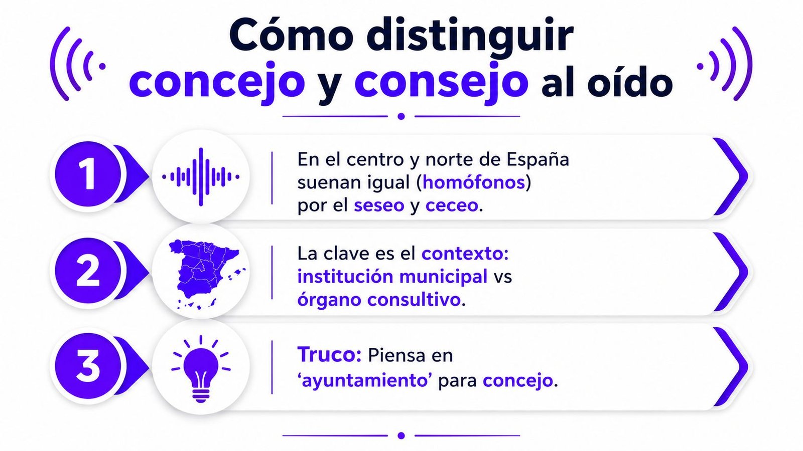 Infografía educativa que explica cómo distinguir las palabras concejo y consejo en el idioma español.