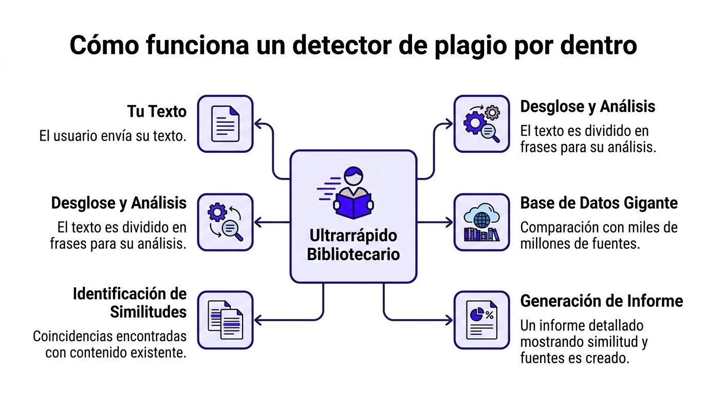 Diagrama de flujo que explica los pasos internos de cómo funciona un detector de plagio online.