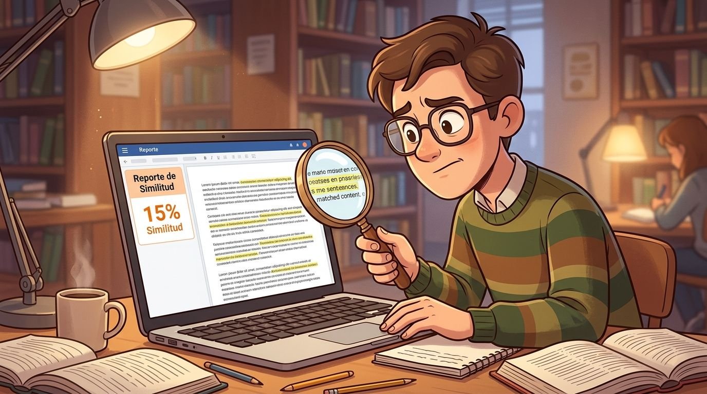 Estudiante con gafas analiza un informe de similitud en su ordenador portátil usando una lupa en la biblioteca.