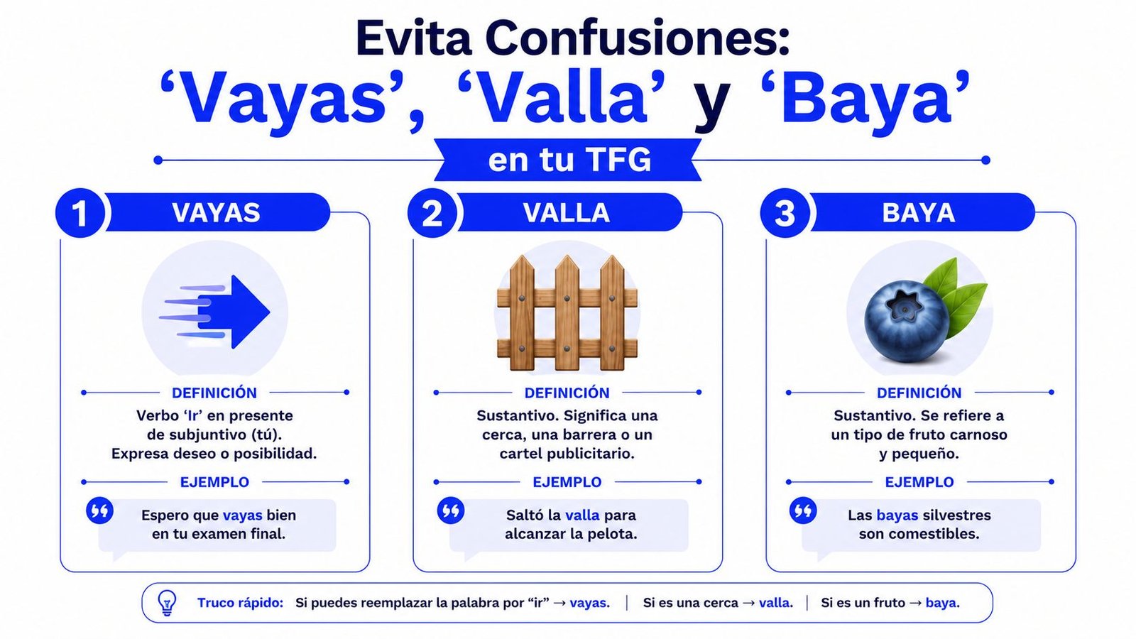 Infografía educativa que explica la diferencia entre las palabras vayas, valla y baya con definiciones y ejemplos.