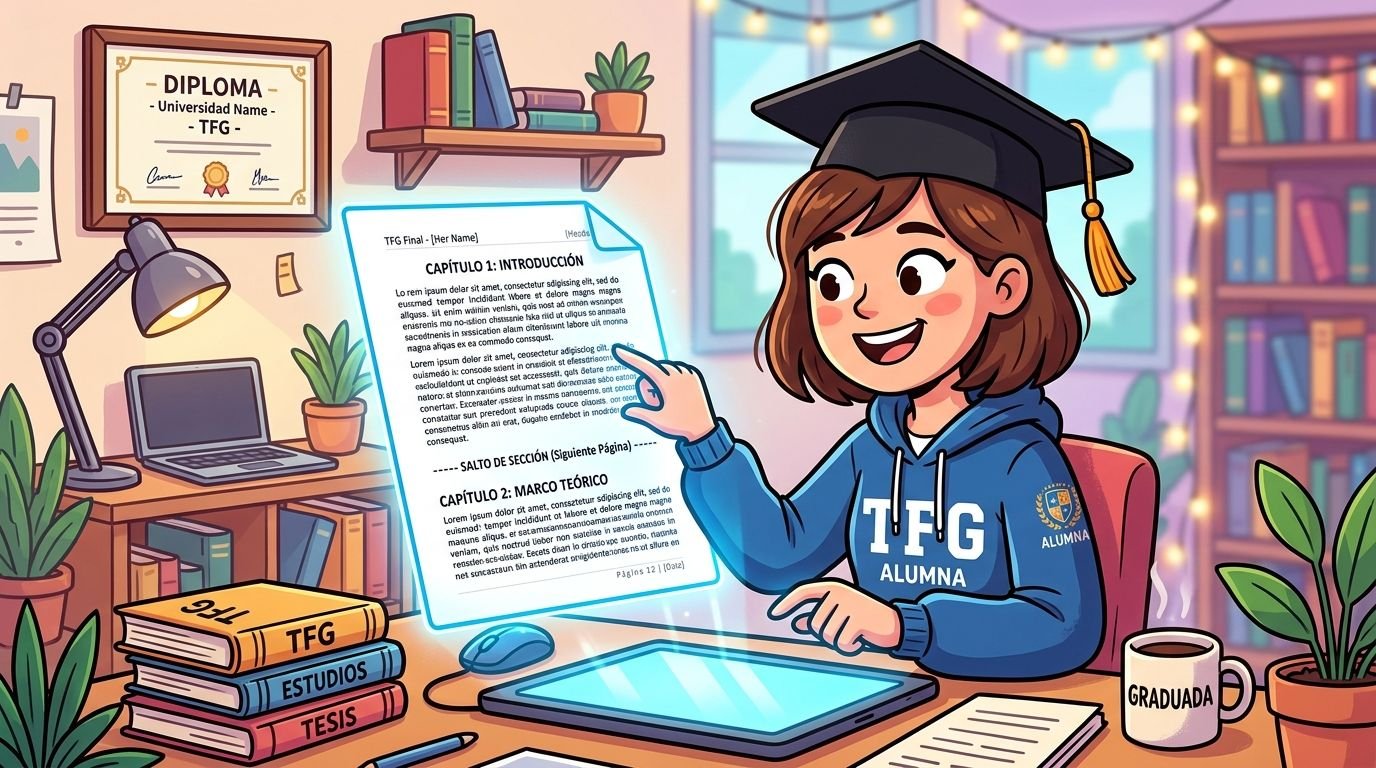 Estudiante universitaria graduada trabajando en su tesis de final de grado en su escritorio personalizado.