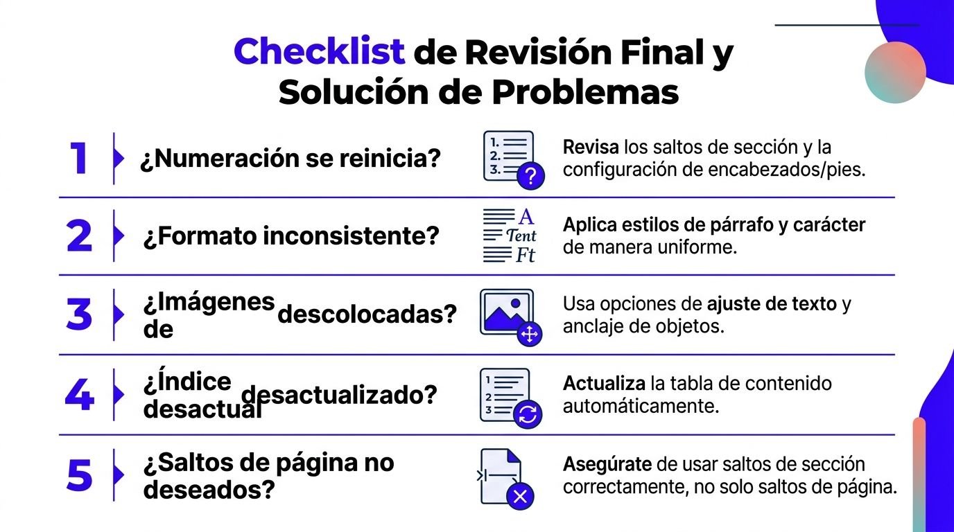 Lista de verificación infográfica para la revisión y resolución de problemas comunes en documentos de procesadores de texto.