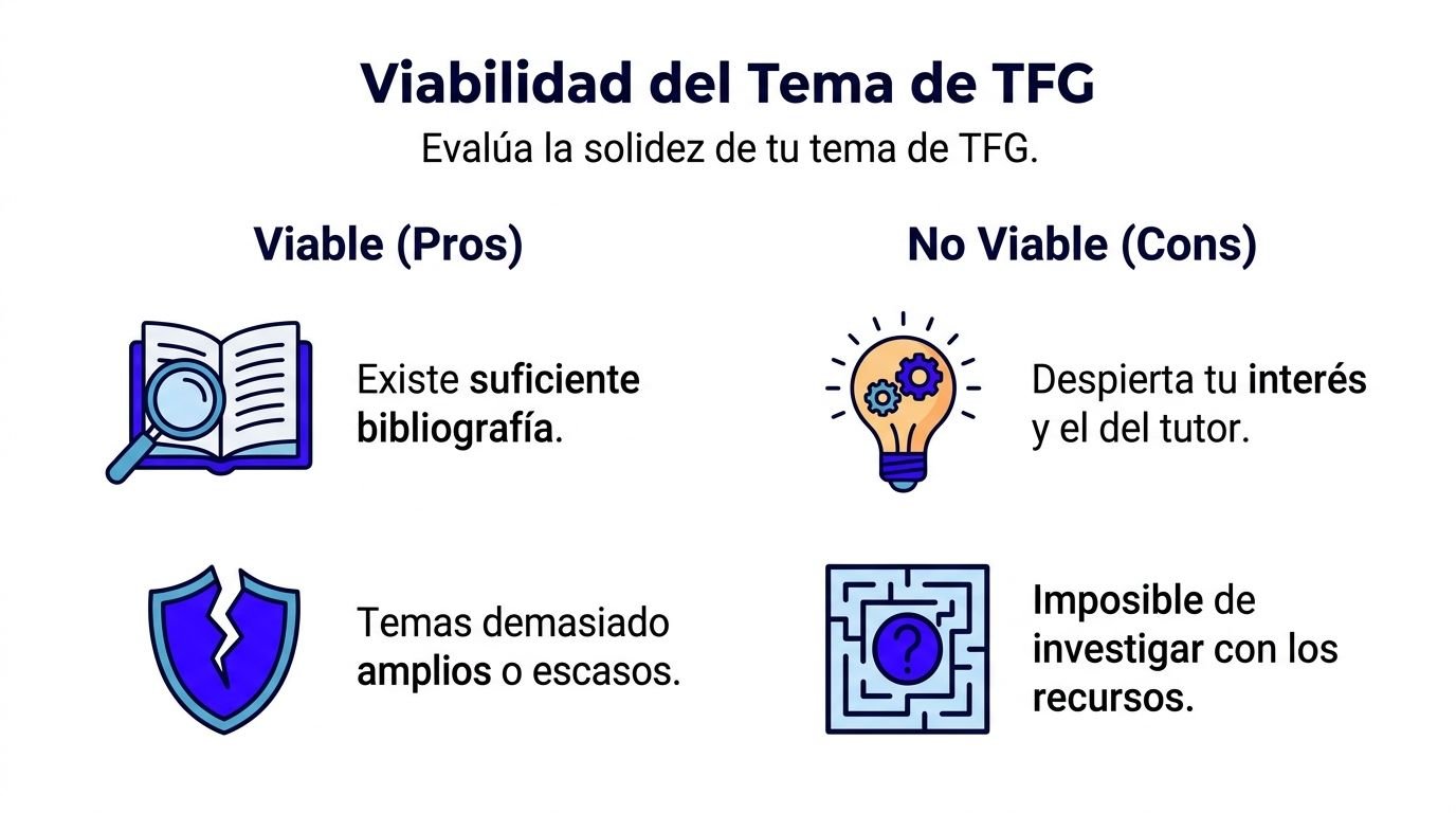 Infografía sobre la viabilidad de un tema de TFG, presentando puntos a favor y en contra.
