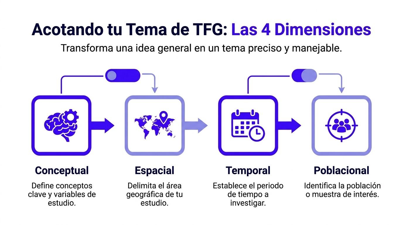 Infografía sobre cómo acotar un tema de TFG mediante las cuatro dimensiones: conceptual, espacial, temporal y poblacional.