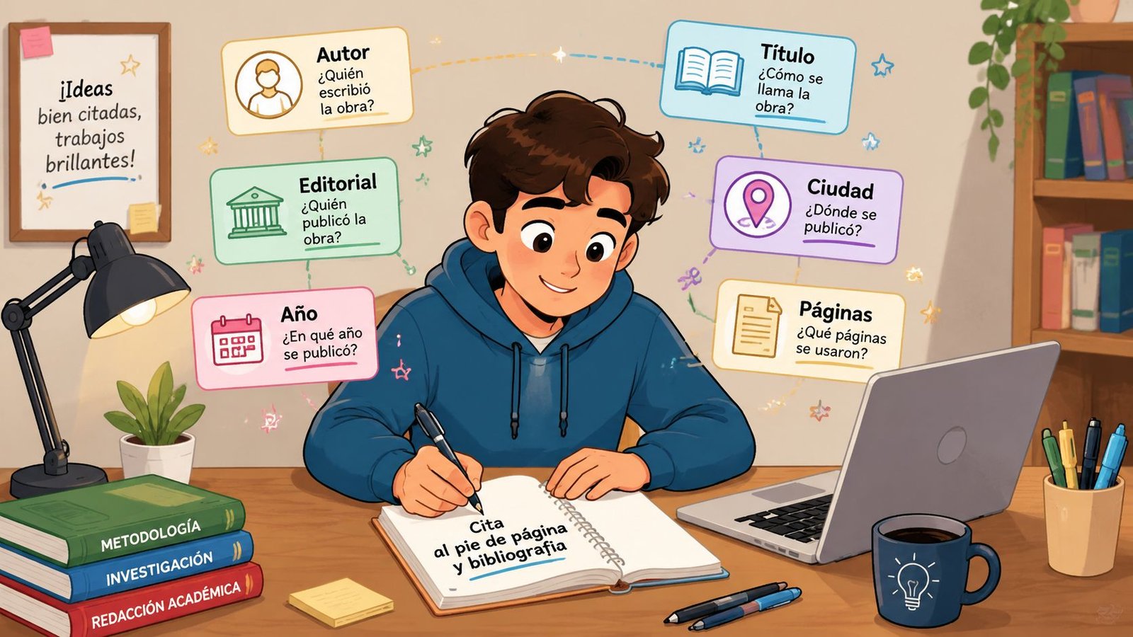 Un estudiante sentado frente a su escritorio aprendiendo los elementos clave para crear citas y bibliografías académicas.