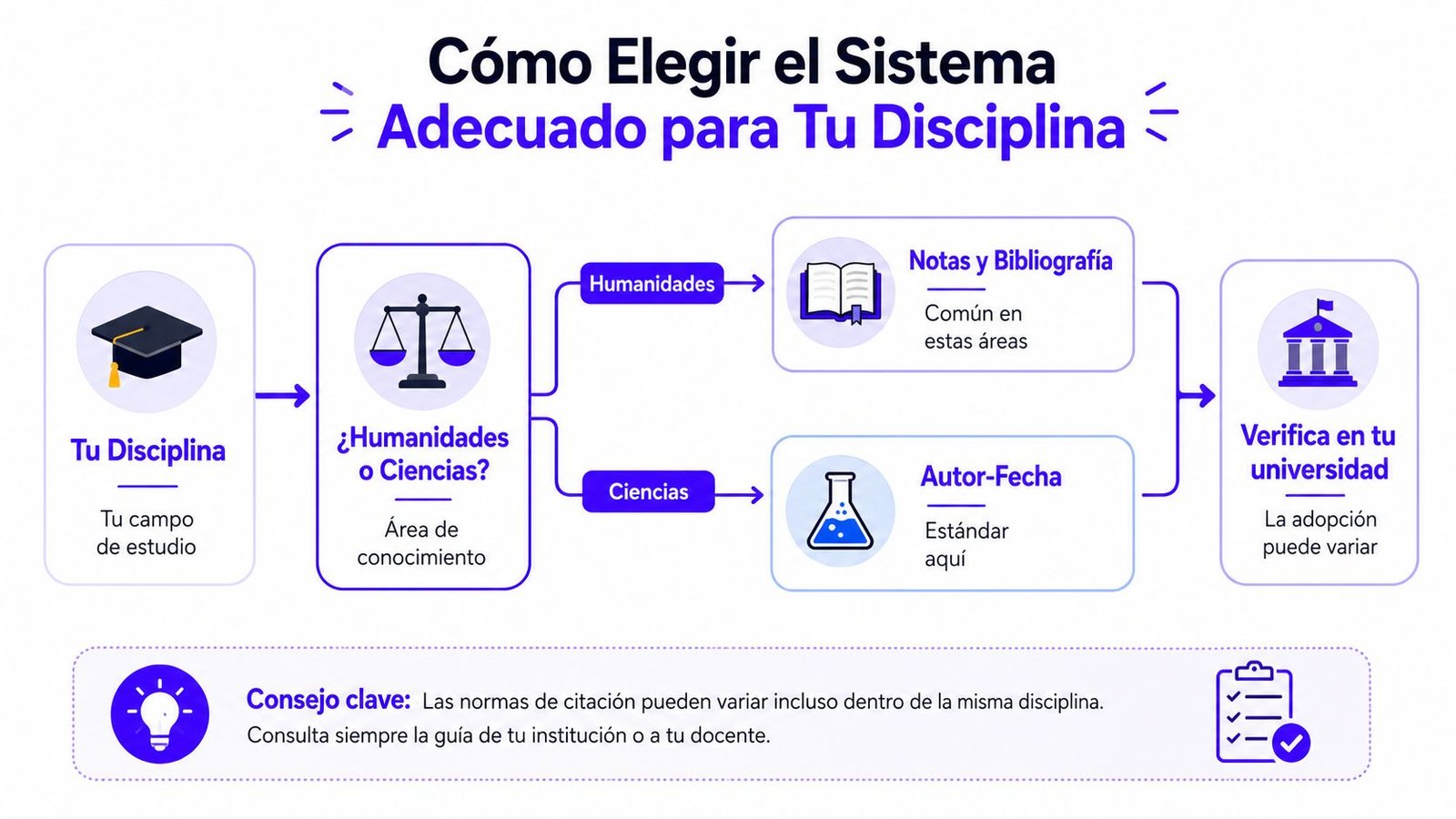 Diagrama que explica cómo elegir el sistema de citación adecuado según tu área de estudio académico.