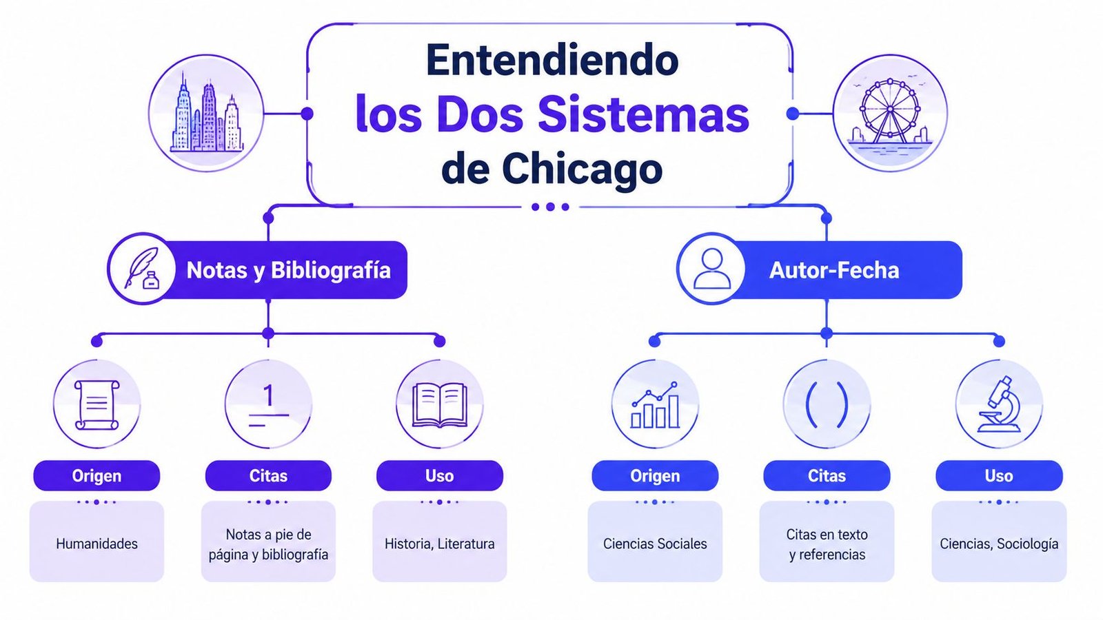Infografía que explica los dos sistemas de citación de Chicago: Notas y Bibliografía, y Autor-Fecha.