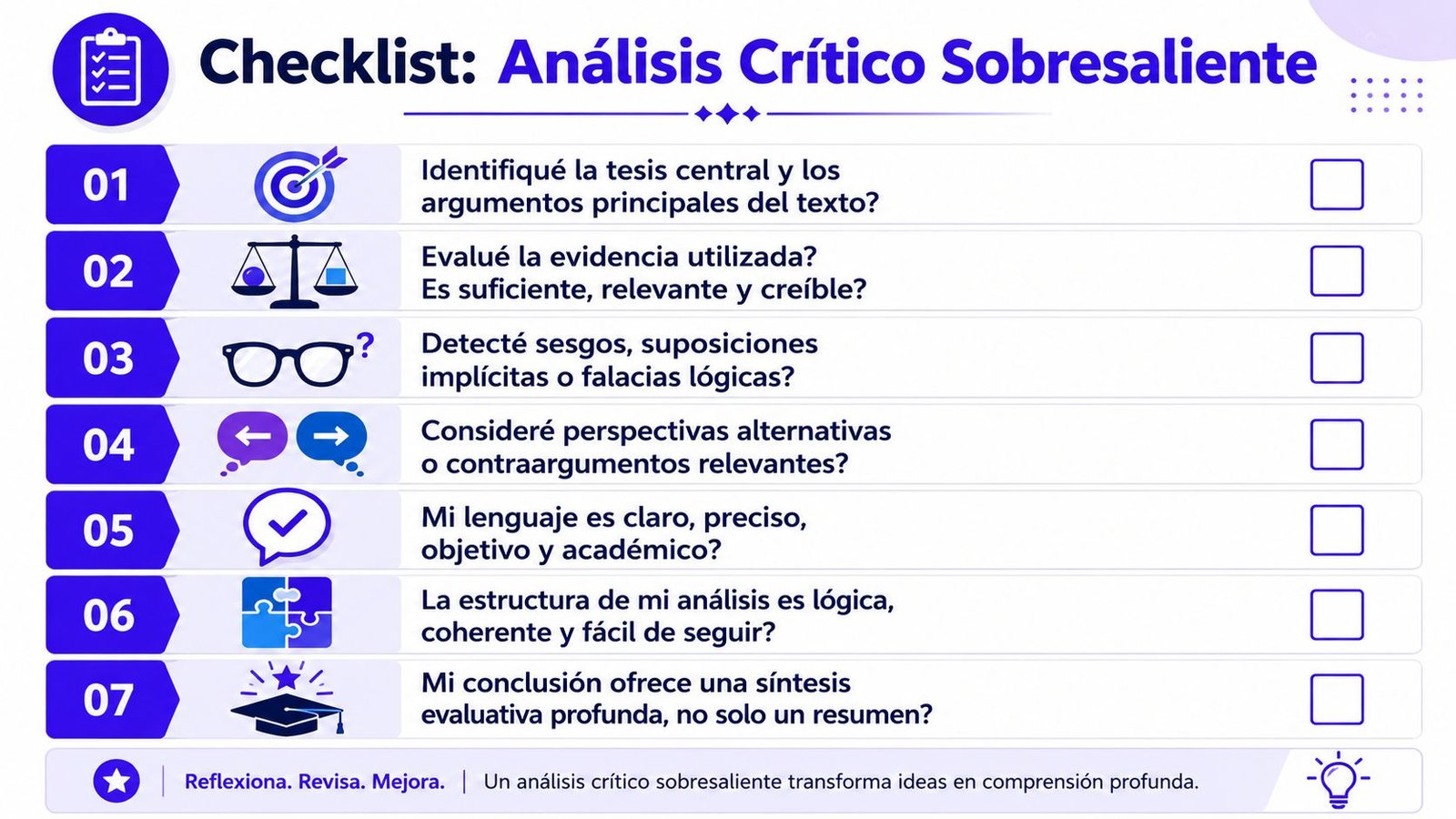Lista de verificación para realizar un análisis crítico efectivo y profundo de textos académicos o profesionales.