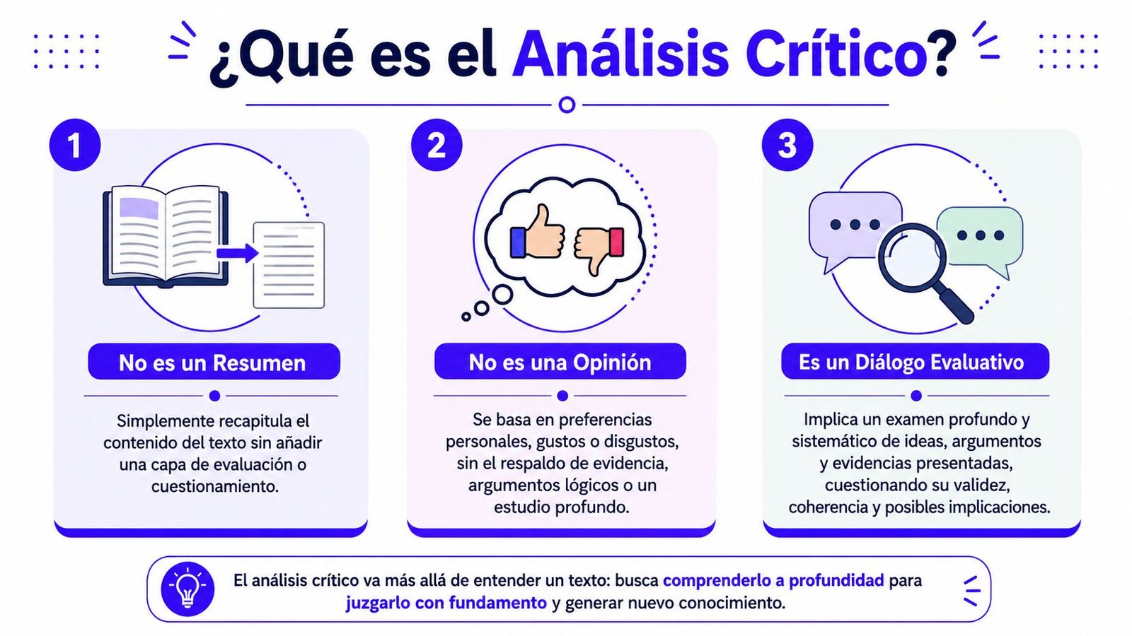 Infografía educativa que explica qué es el análisis crítico, diferenciándolo de un resumen o una opinión personal.