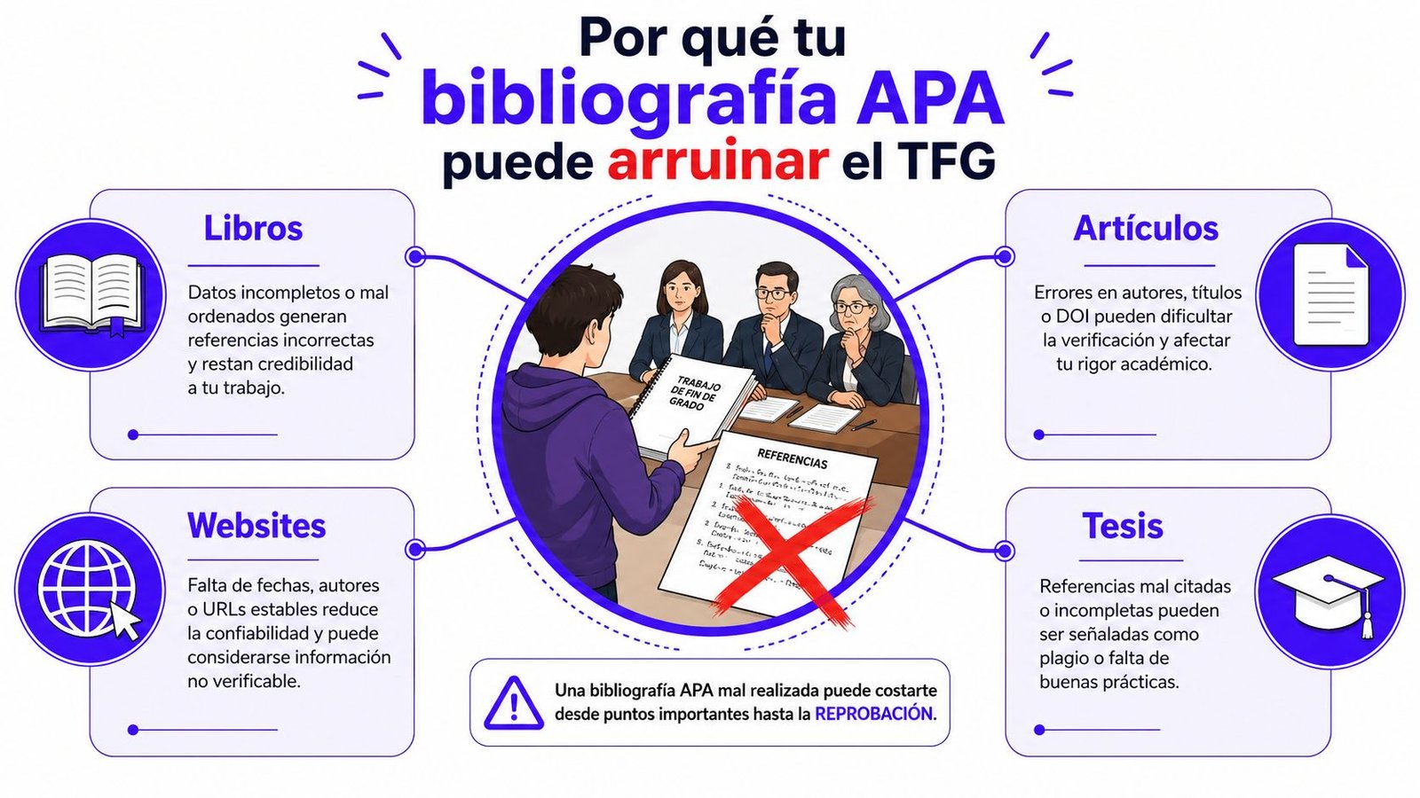Infografía sobre cómo los errores en la bibliografía APA pueden afectar negativamente la evaluación del Trabajo de Fin de Grado.