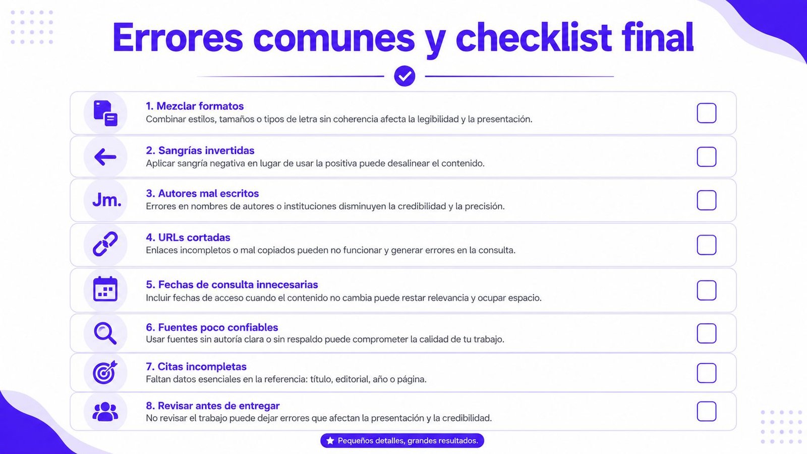 Lista de verificación sobre errores comunes al elaborar bibliografías y cómo evitarlos para mejorar trabajos académicos.