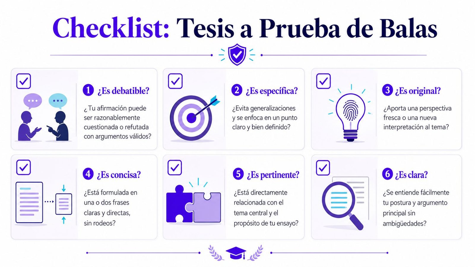 Lista de verificación infográfica para asegurar que una tesis sea debatible, específica, original, concisa, pertinente y clara.