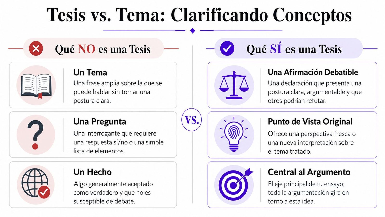 Infografía educativa que diferencia los conceptos de tema y tesis en la escritura de textos argumentativos.