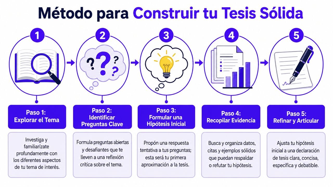 Infografía paso a paso sobre cómo construir una tesis sólida mediante un proceso de investigación estructurado.