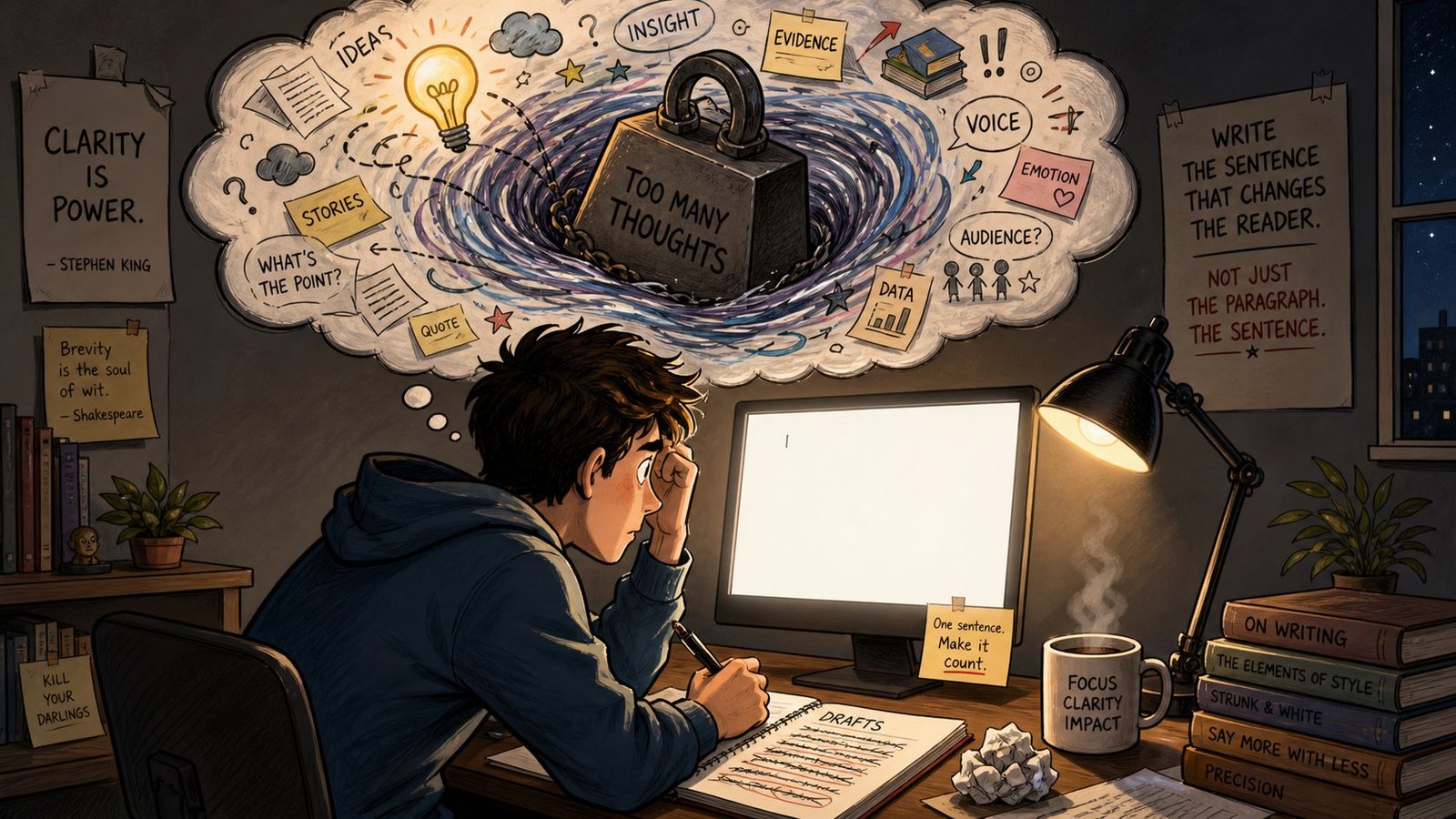 Un estudiante reflexivo frente a su computadora, visualizando una sobrecarga de ideas e información mientras escribe un texto.