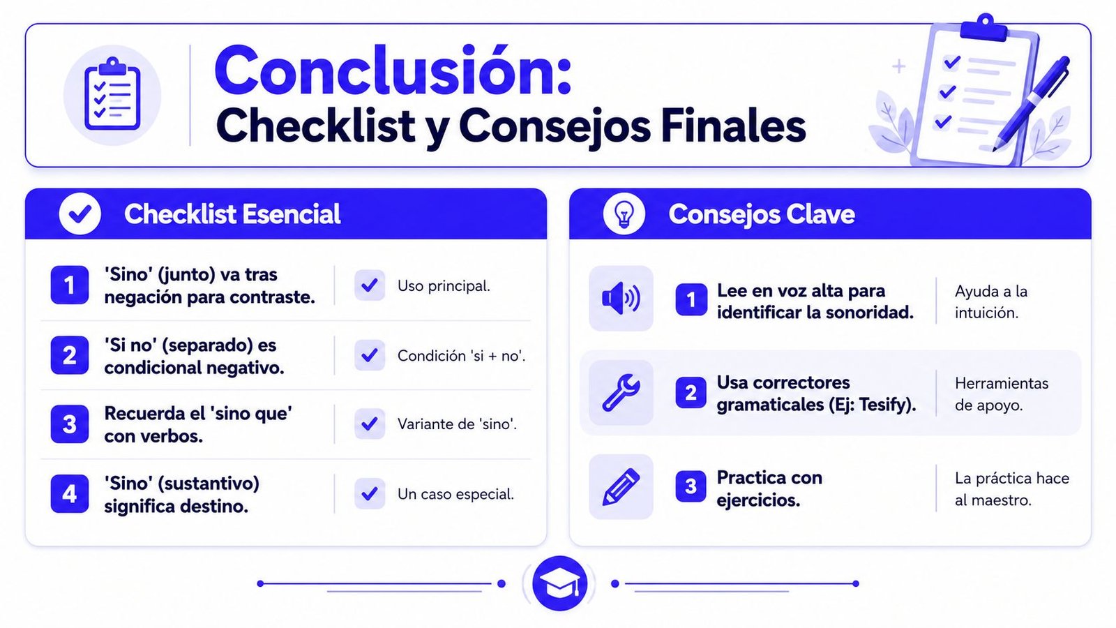 Infografía educativa que explica las diferencias gramaticales entre sino y si no con consejos prácticos.