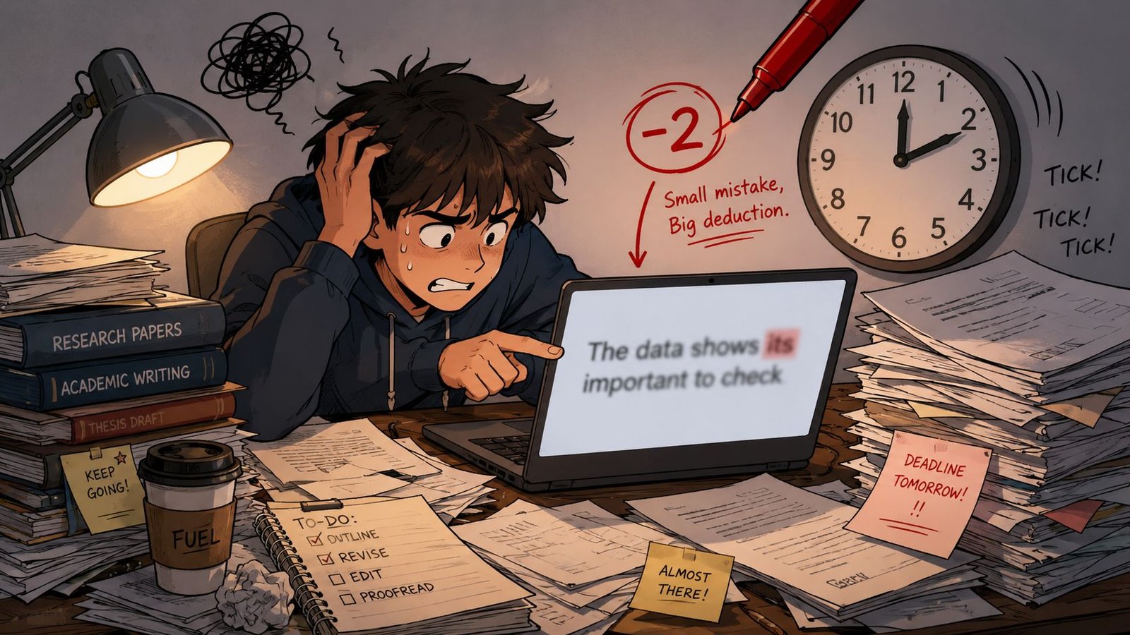 Estudiante estresado trabajando frente a su laptop bajo presión con muchos documentos y fecha límite próxima.