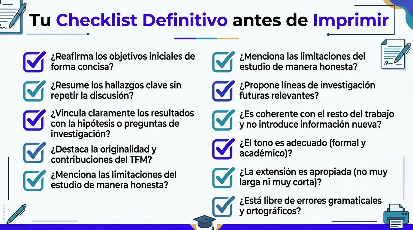 Lista de verificación infográfica para revisar las conclusiones de un Trabajo de Fin de Máster antes de imprimir.