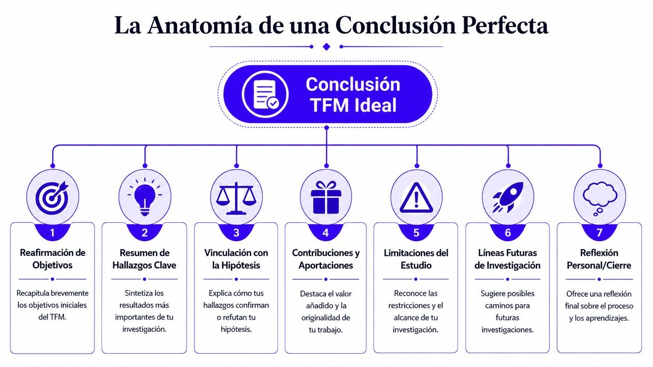 Infografía sobre la anatomía de una conclusión perfecta para un Trabajo de Fin de Máster.