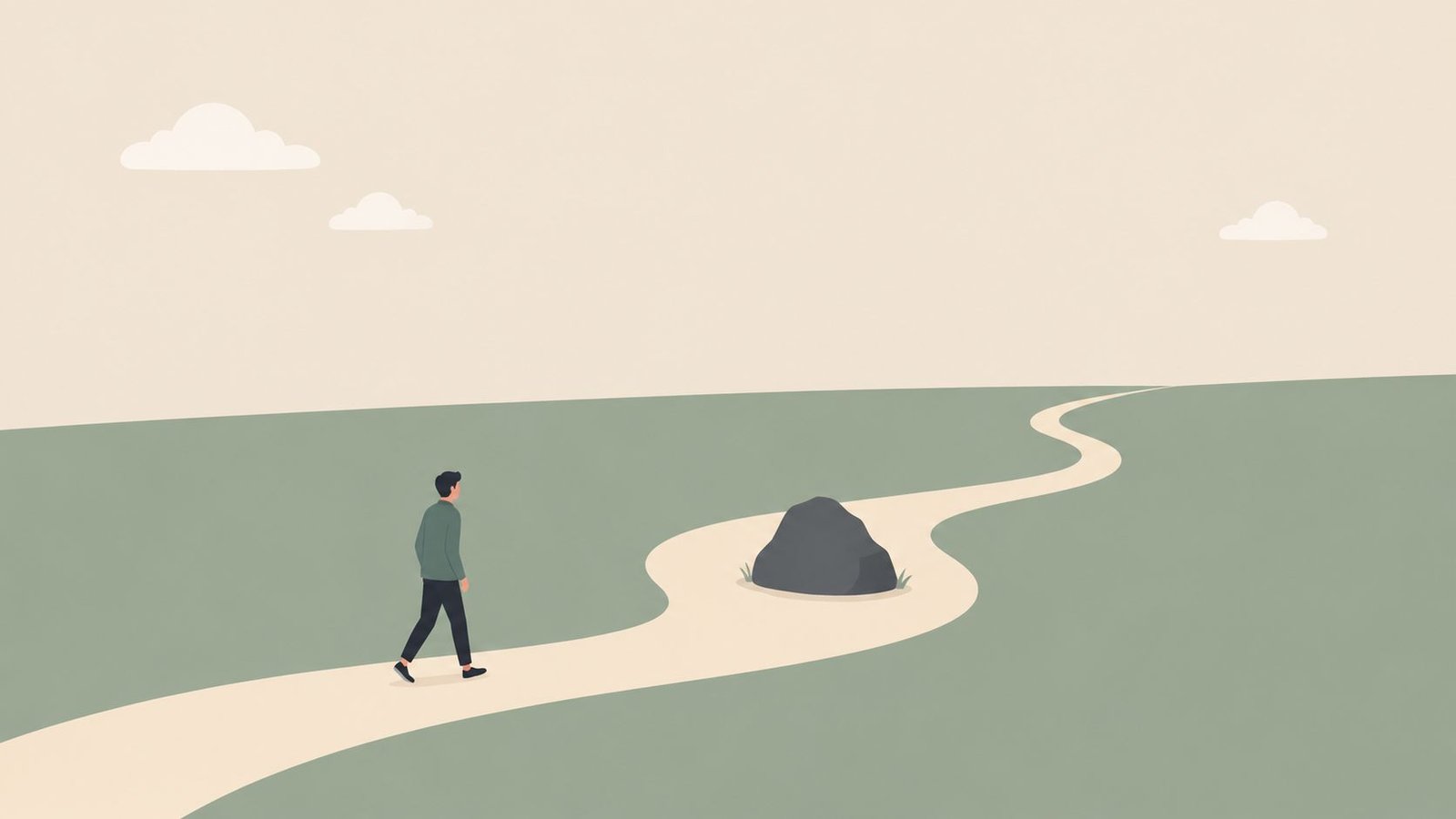 Un hombre caminando por un camino sinuoso frente a una gran roca en un paisaje minimalista.