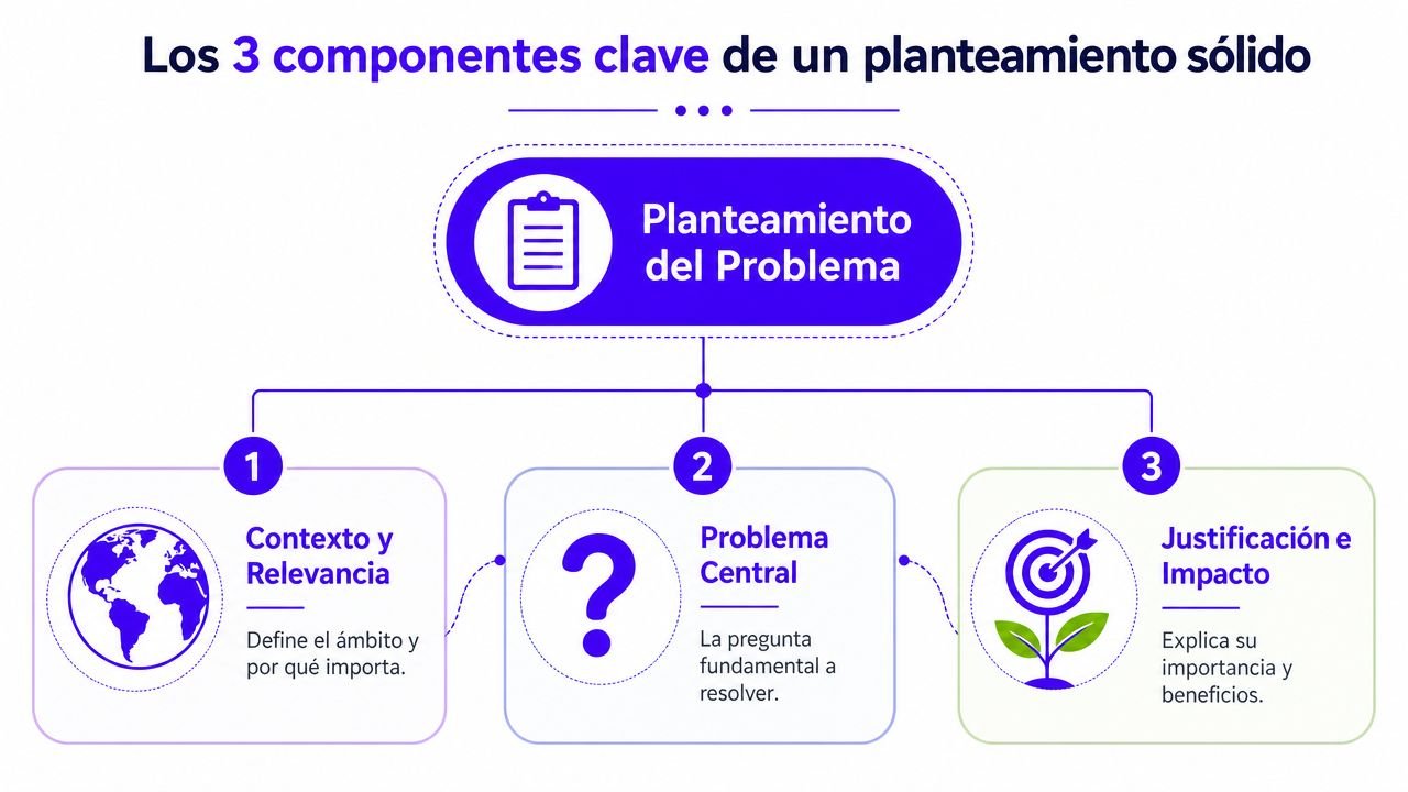 Diagrama que muestra los tres componentes clave para realizar un planteamiento del problema sólido y estructurado.