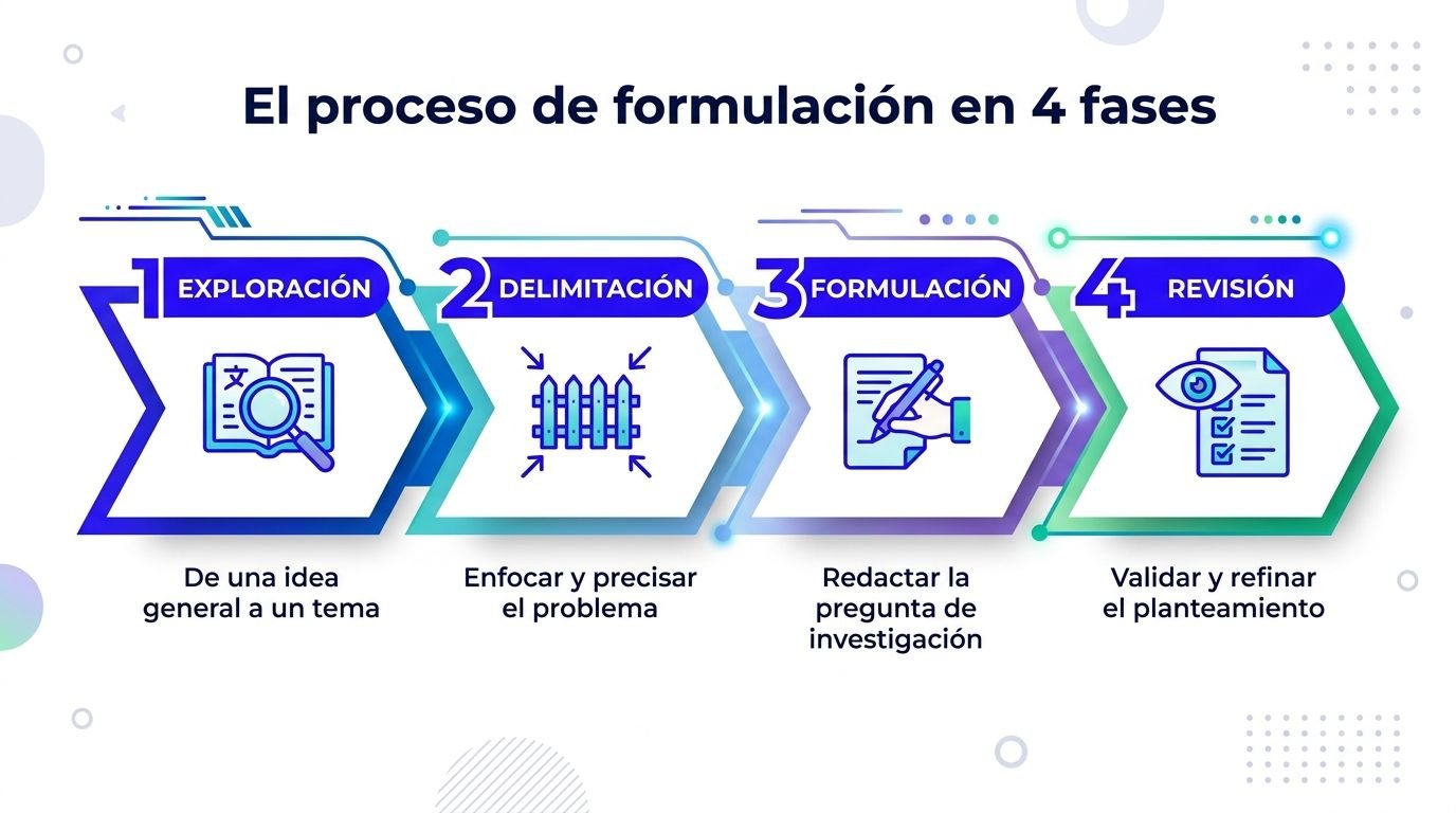 Diagrama de cuatro fases que explica el proceso de formulación del planteamiento del problema de investigación.