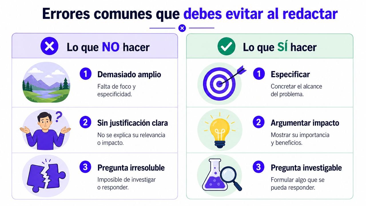 Infografía comparativa sobre errores comunes al redactar y cómo evitarlos para mejorar un planteamiento del problema.
