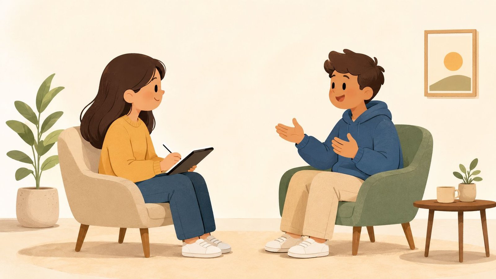 Una mujer tomando notas mientras entrevista a un joven que está sentado cómodamente en un sillón.